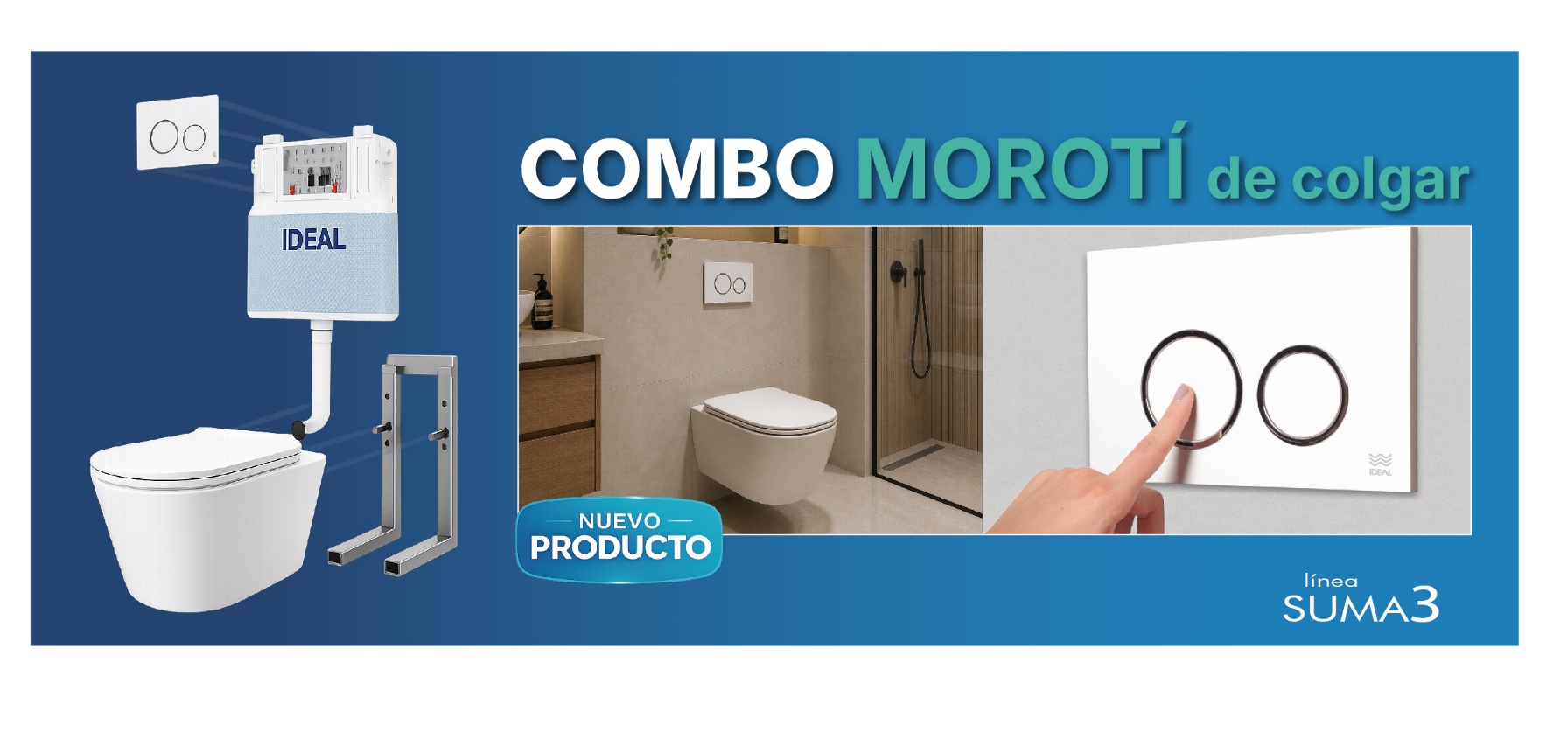 COMBO MOROTÍ DE COLGAR (INODORO DE COLGAR + ASIENTO + SOPORTE+ DEPOSITO EMBUTIR con TECLA BLANCA de Descarga Dual)