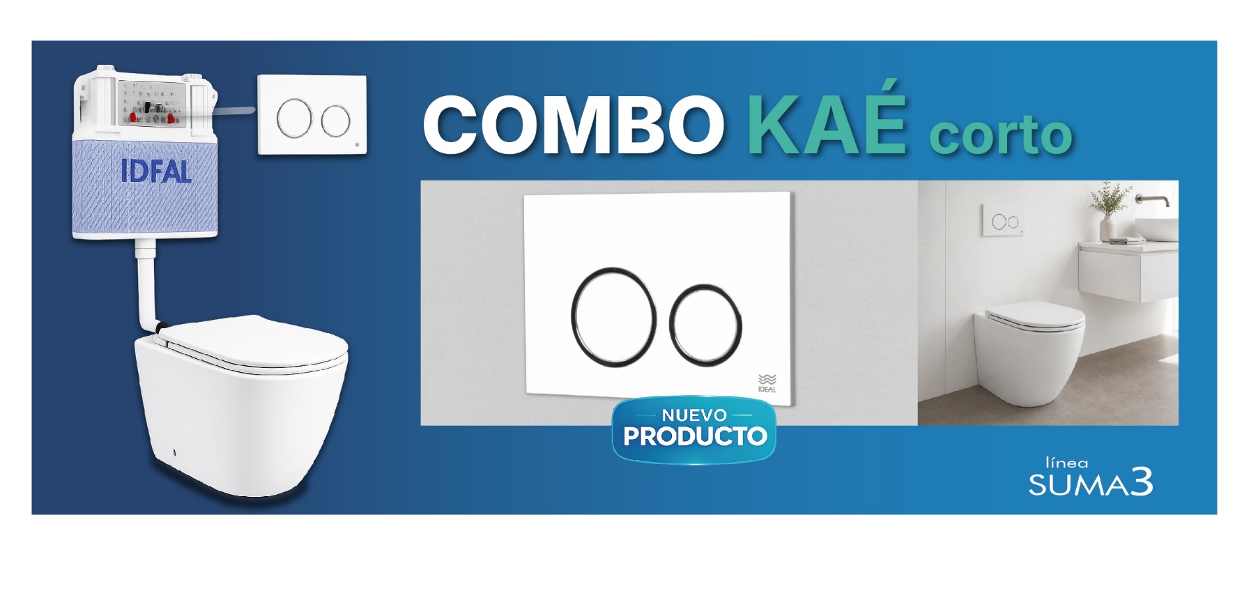 COMBO KAE (INODORO CORTO + ASIENTO + DEPOSITO EMBUTIR con TECLA BLANCA de Descarga Dual)