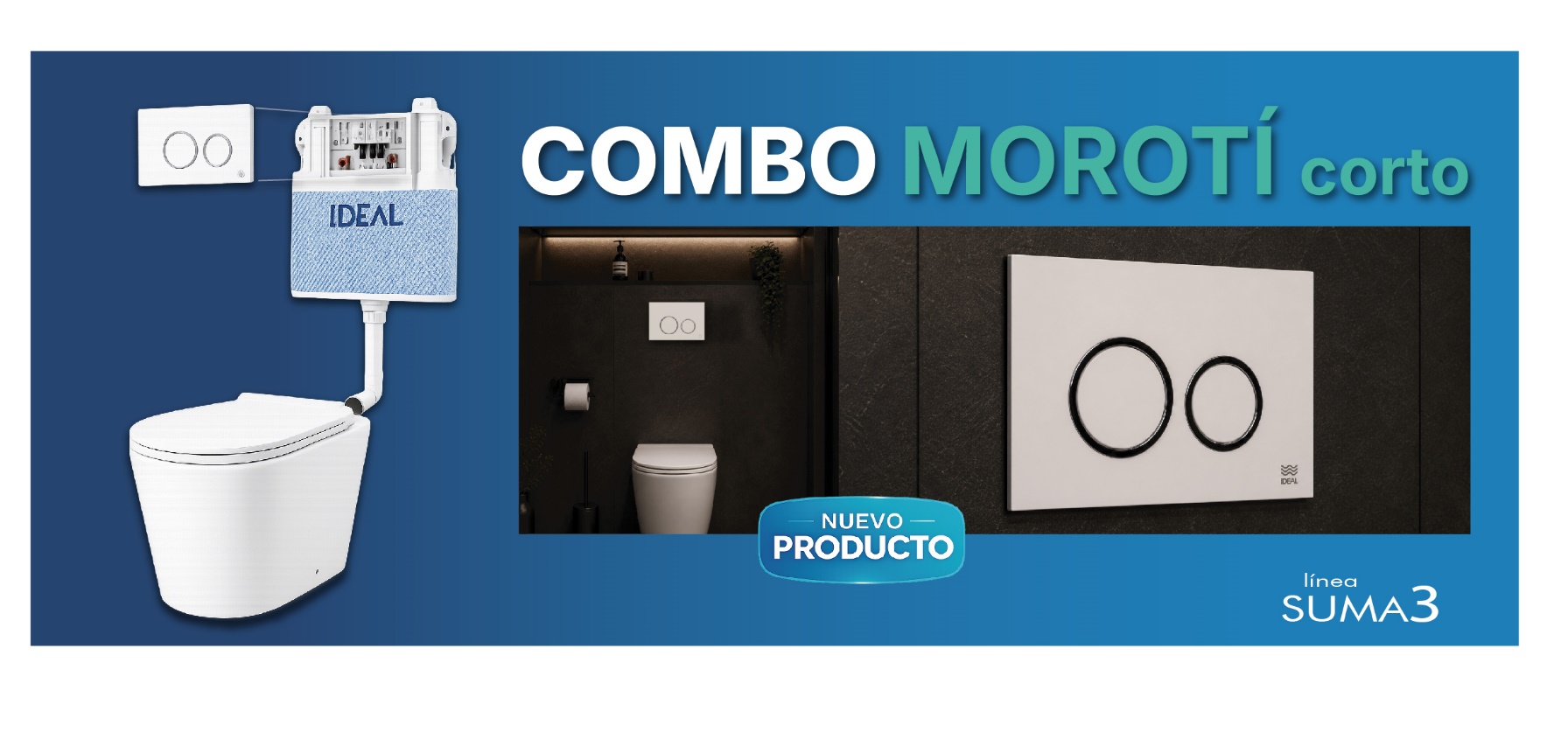 COMBO MOROTÍ (INODORO CORTO + ASIENTO + DEPOSITO EMBUTIR con TECLA BLANCA de Descarga Dual)